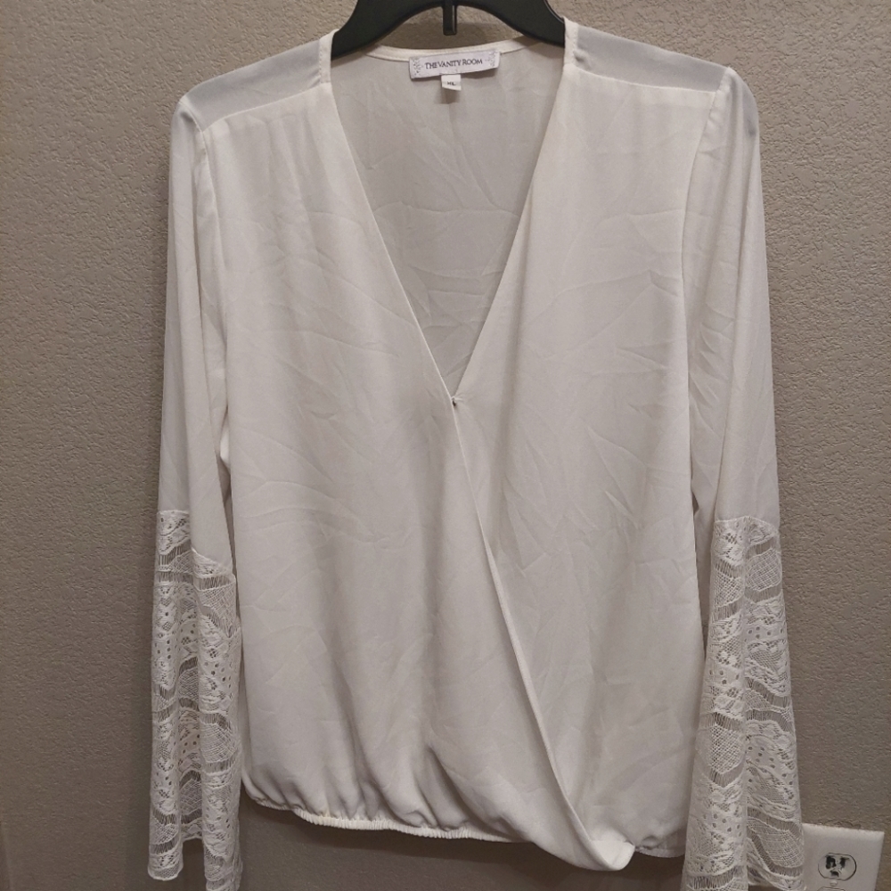 White long sleeve blouse with lace sleeves